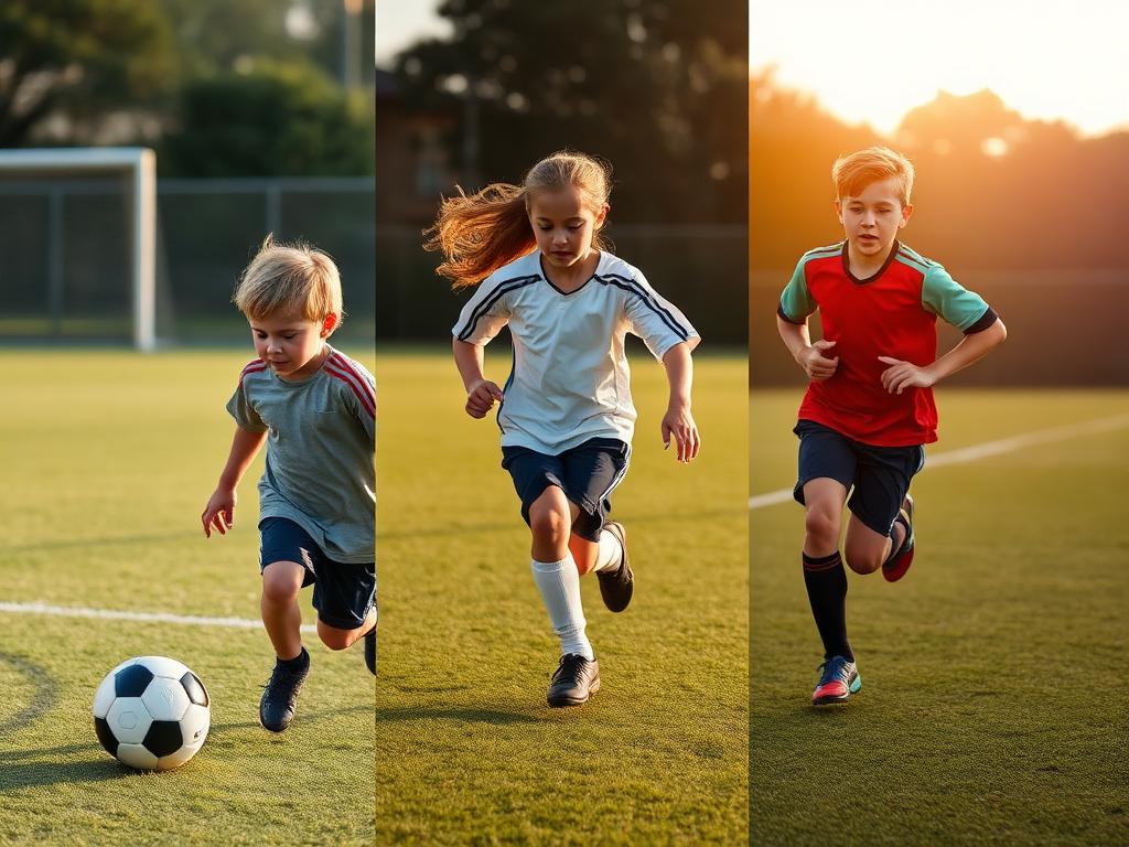 Three youth soccer players of different ages training on a field