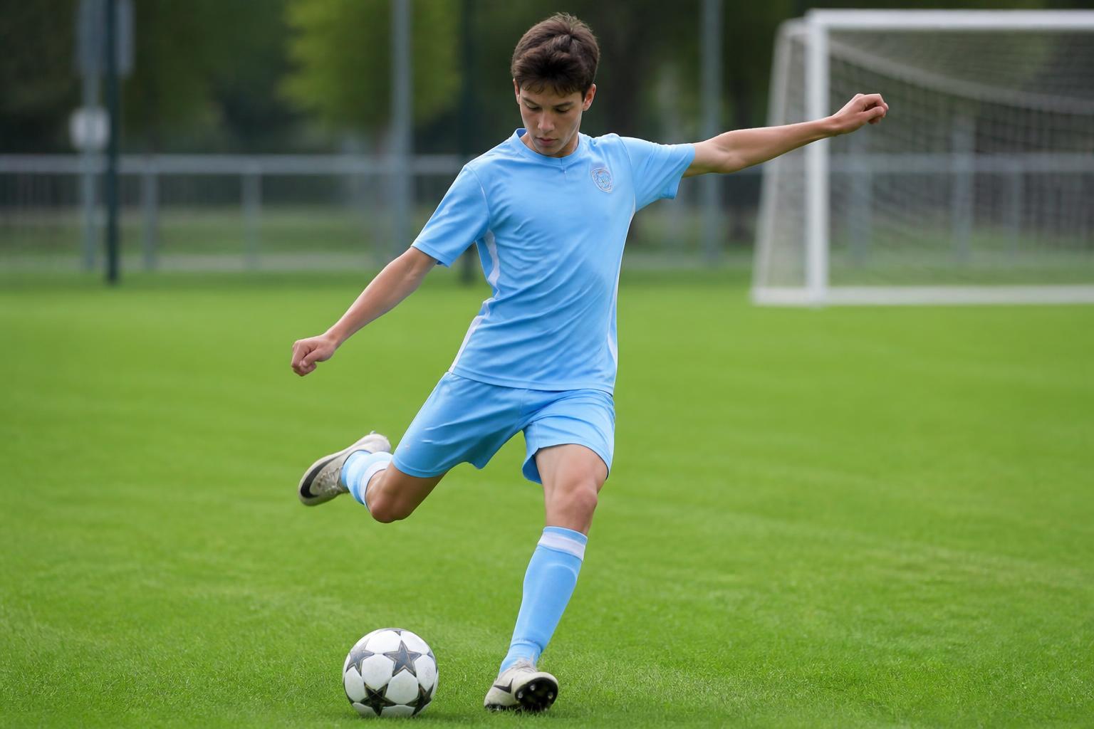 Child balancing on one foot with a soccer ball under the other foot beside an agility ladder