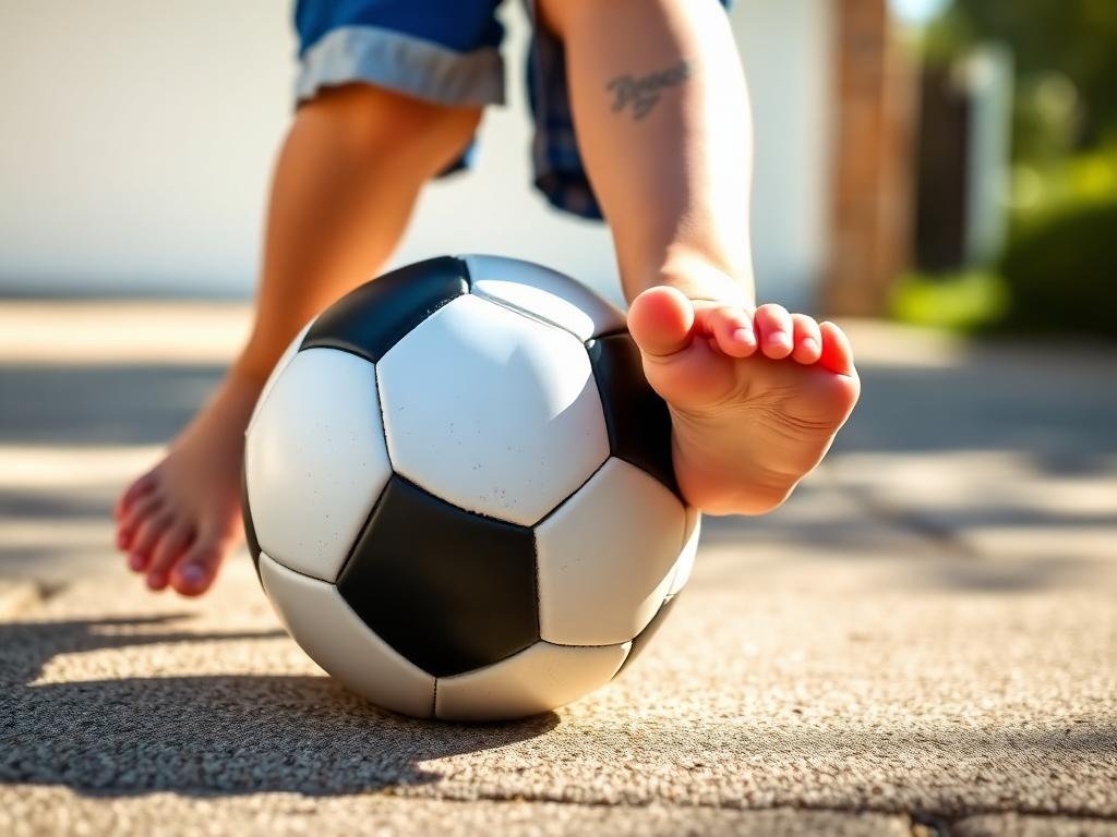 Close-up of a child performing sole rolls and toe taps on a soccer ball