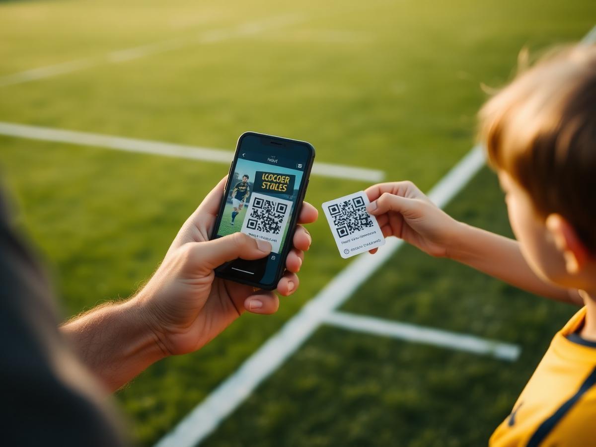 A coach scanning a player's QR card beside the field