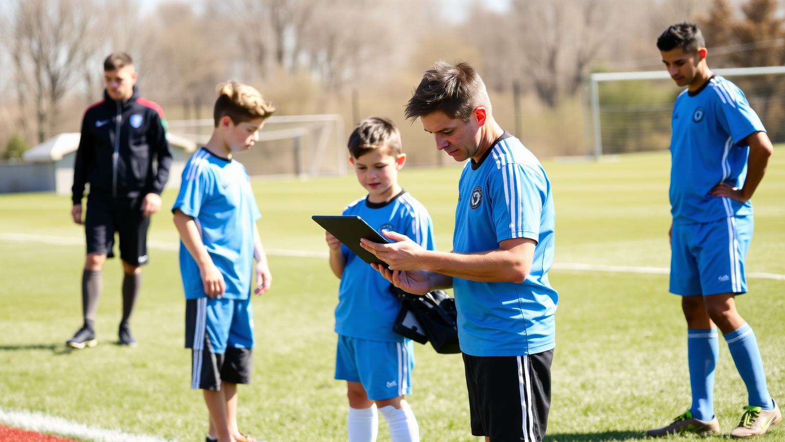 A team manager recording a digital gamesheet on a tablet beside the pitch