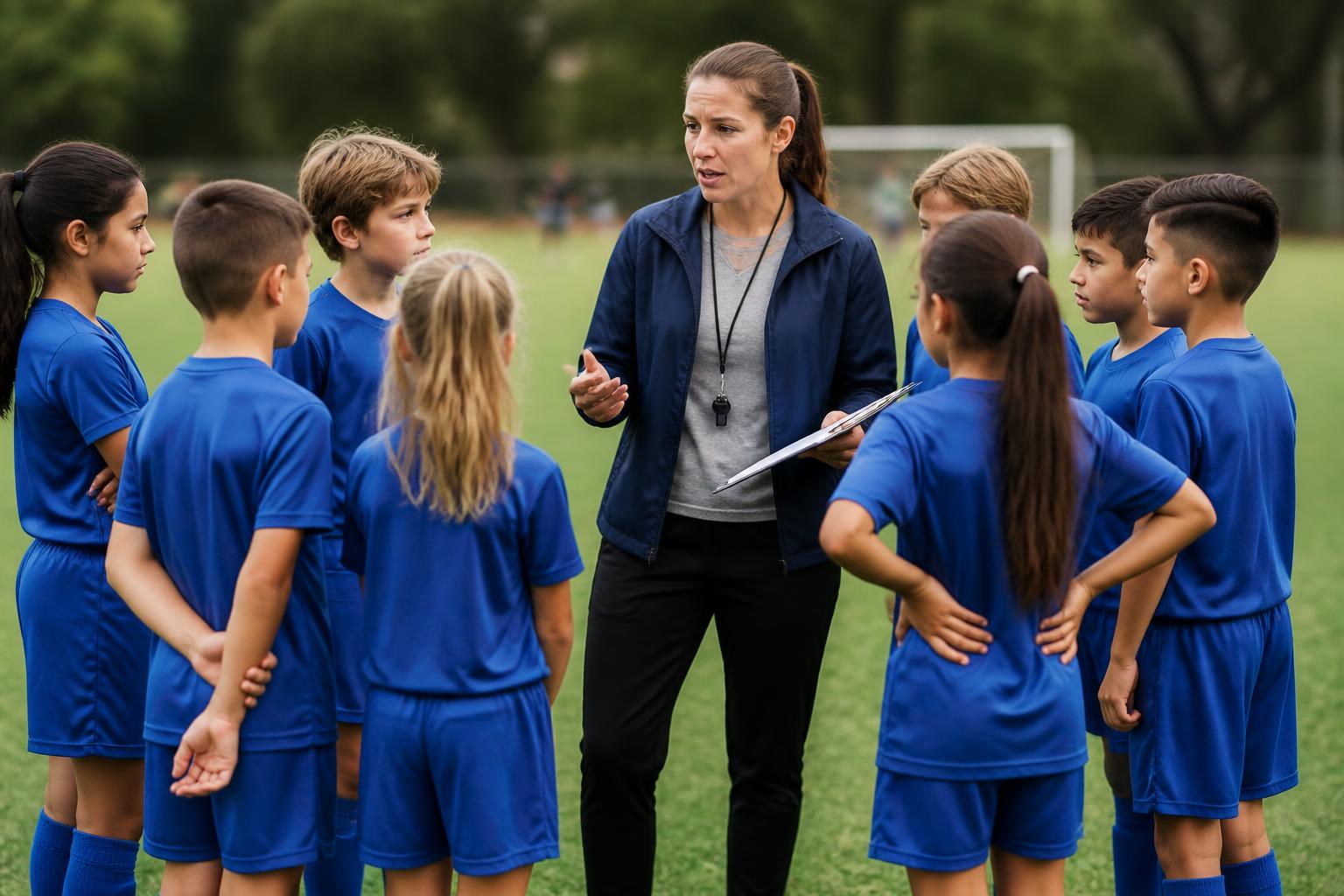 A club coach laughing with a group of young players at practice