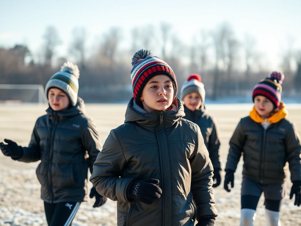 Youth players training in layers, gloves and toques on a frosty field