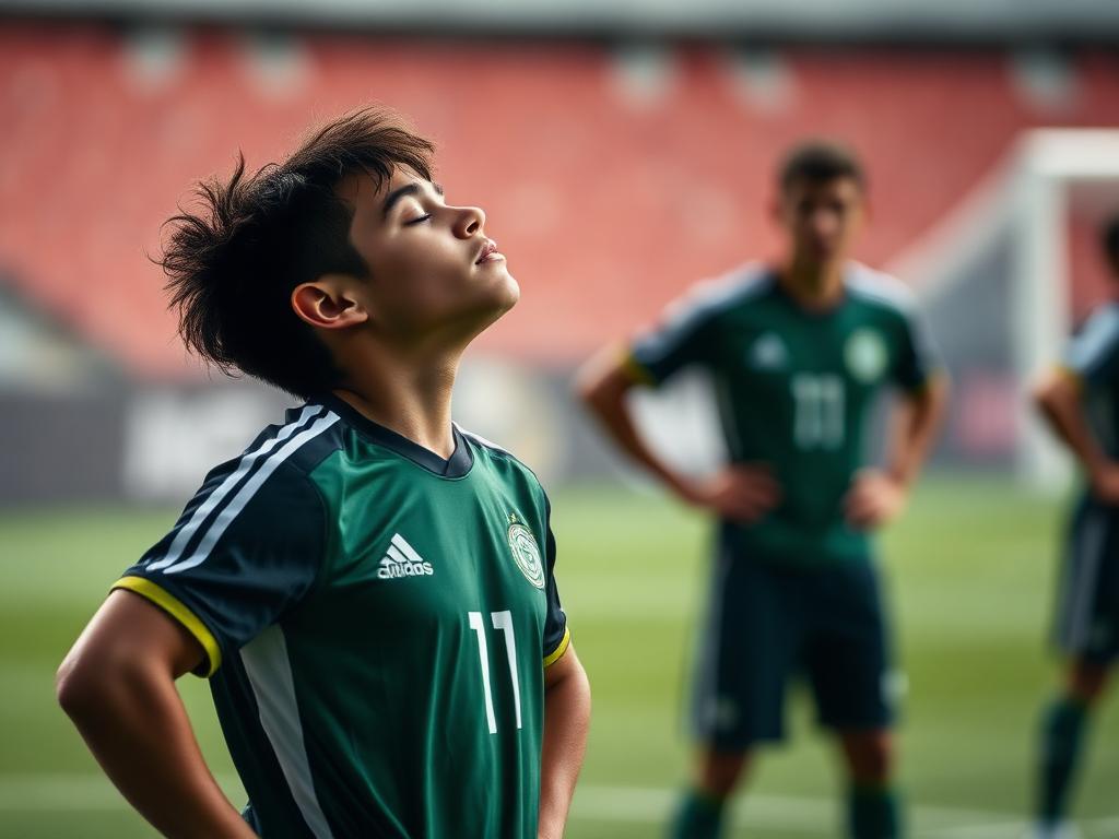 Young soccer player taking a calm deep breath before kickoff
