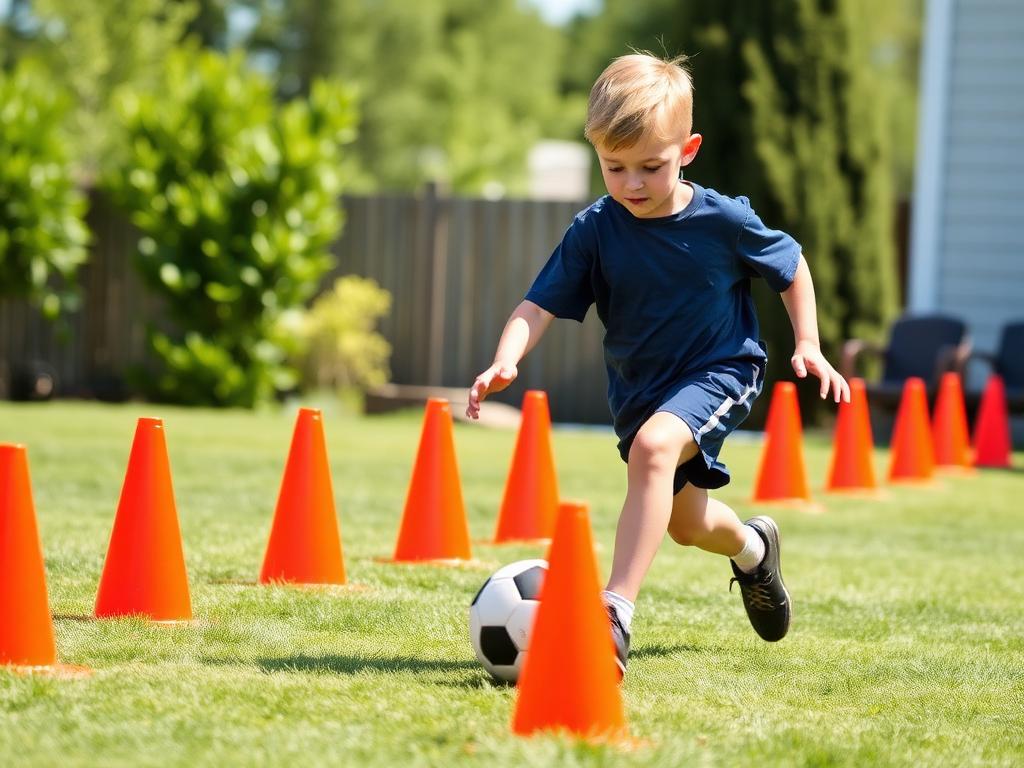 Young player dribbling a soccer ball through a line of orange cones in a backyard