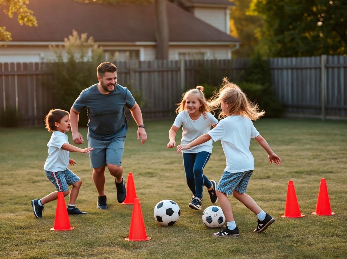 Family playing soccer together in a backyard with cone gates