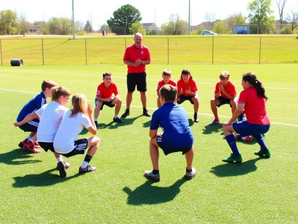 Youth players doing bodyweight squats and core work on a field