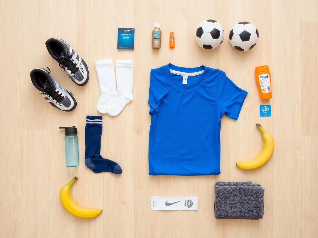 Flat lay of game-day bag contents: cleats, shin guards, jersey, socks, water bottle, sunscreen and a snack