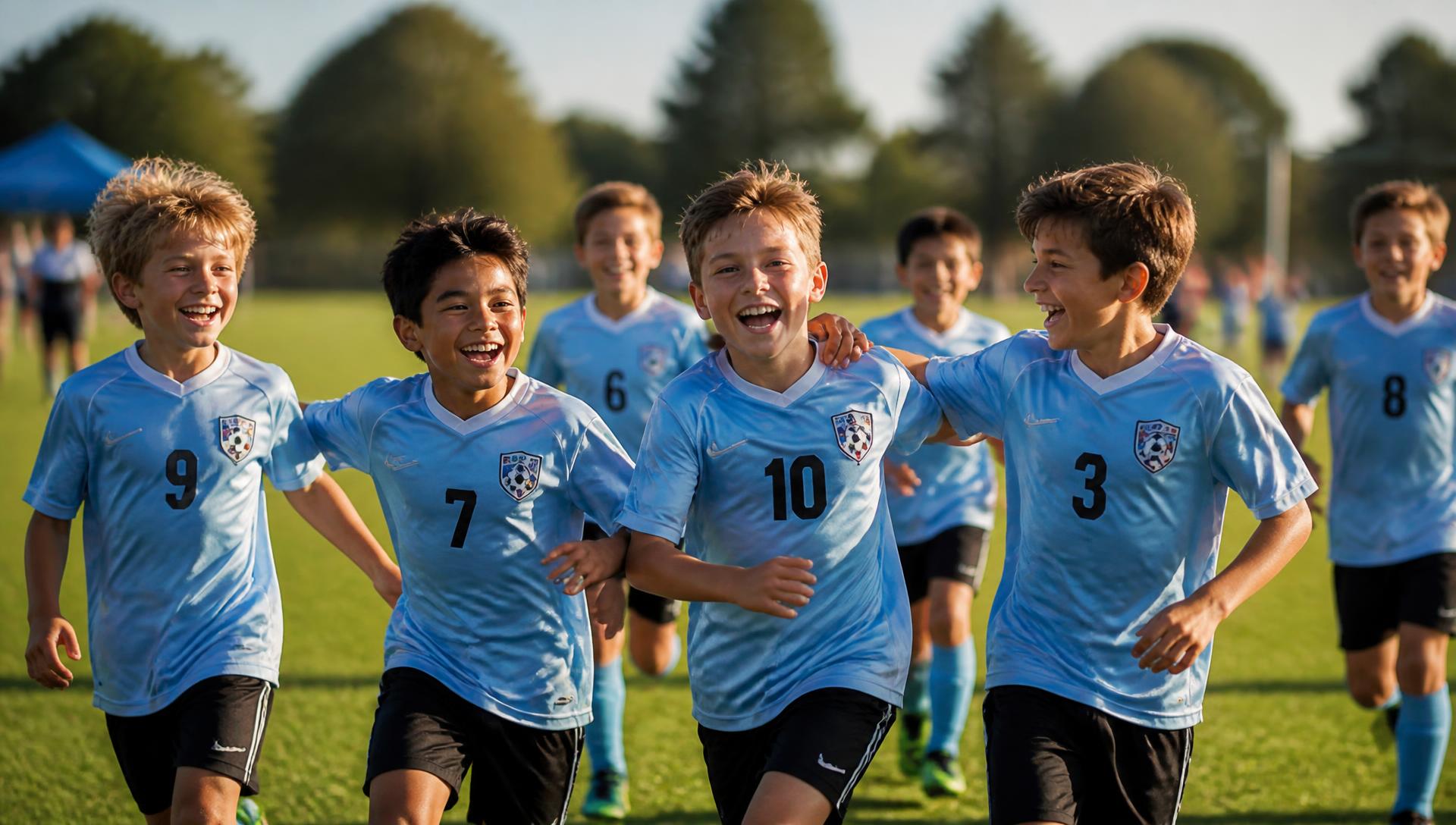 Happy young soccer players in light blue kit laughing and running together on a sunny field