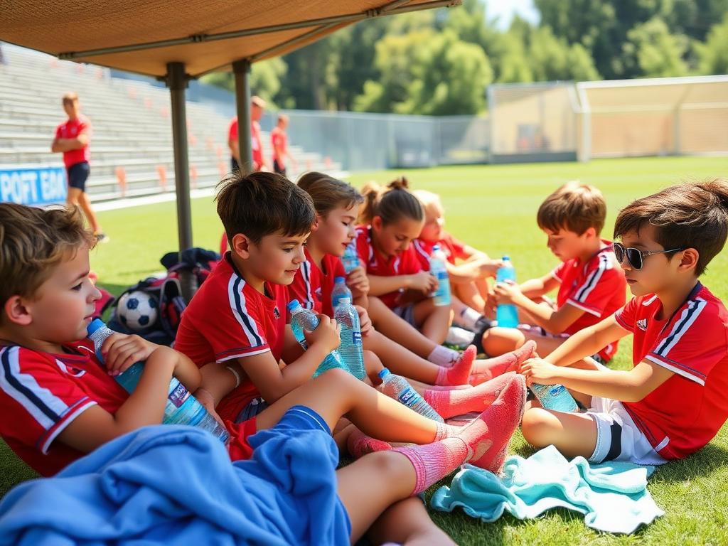 Youth players resting in the shade with water bottles on a hot day