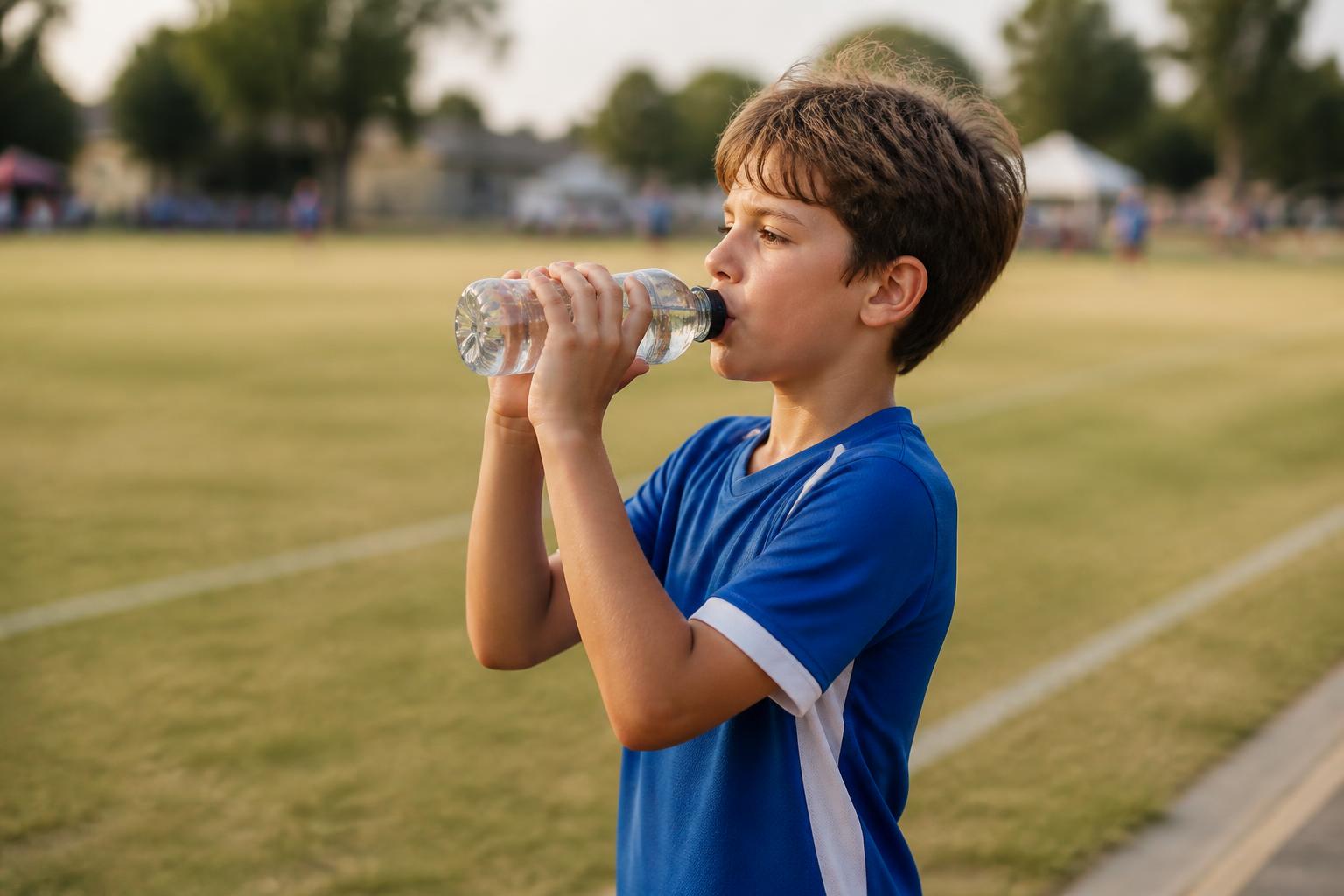 Young player in a light blue kit drinking from a labelled water bottle at the field