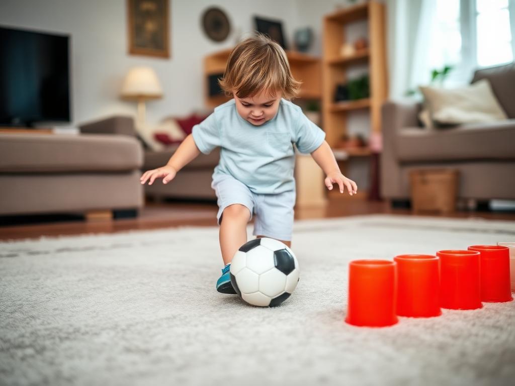 Child dribbling a ball through plastic cups on a living room floor