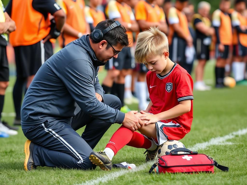Coach checking on an injured young player at the sideline with a first aid kit