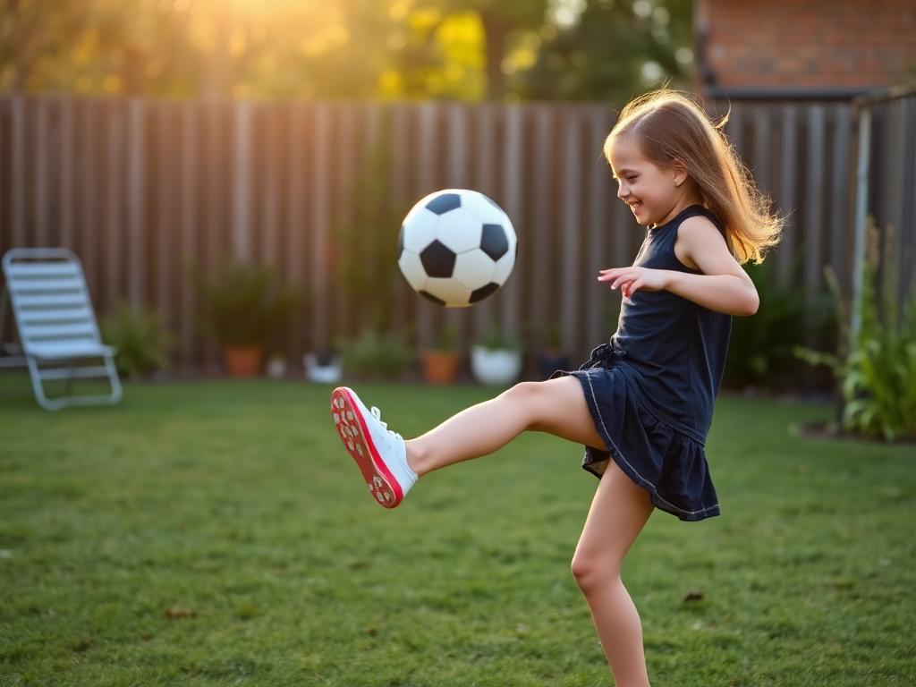 Girl juggling a soccer ball with her foot in a backyard