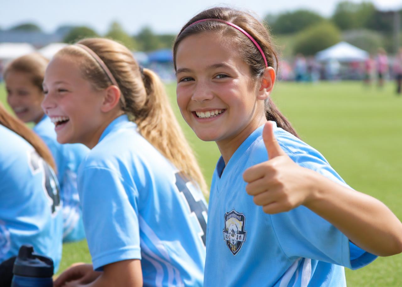 Smiling young player in a light blue jersey giving a thumbs up