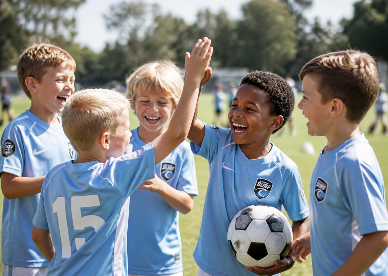Young teammates laughing and high-fiving after a goal