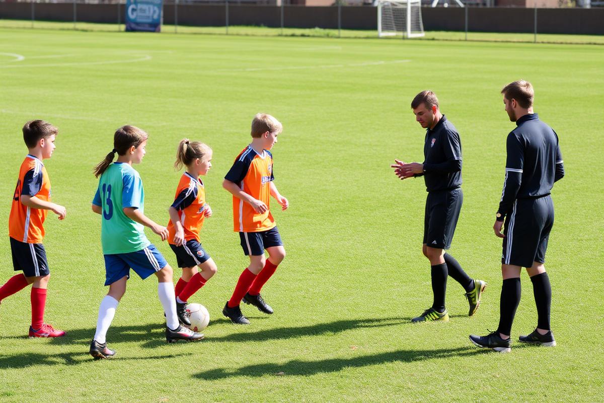 Youth soccer players training with their coach