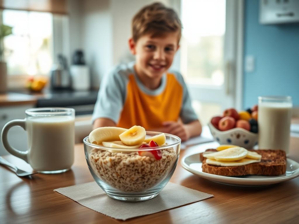 Pre-game breakfast of oatmeal with banana, toast with eggs, yogurt and milk
