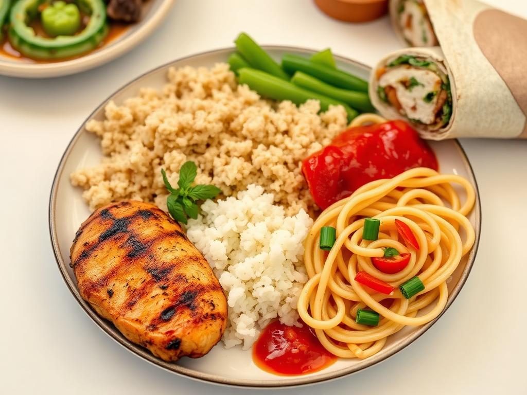 Balanced pre-game meal of chicken, rice, pasta, vegetables and a wrap
