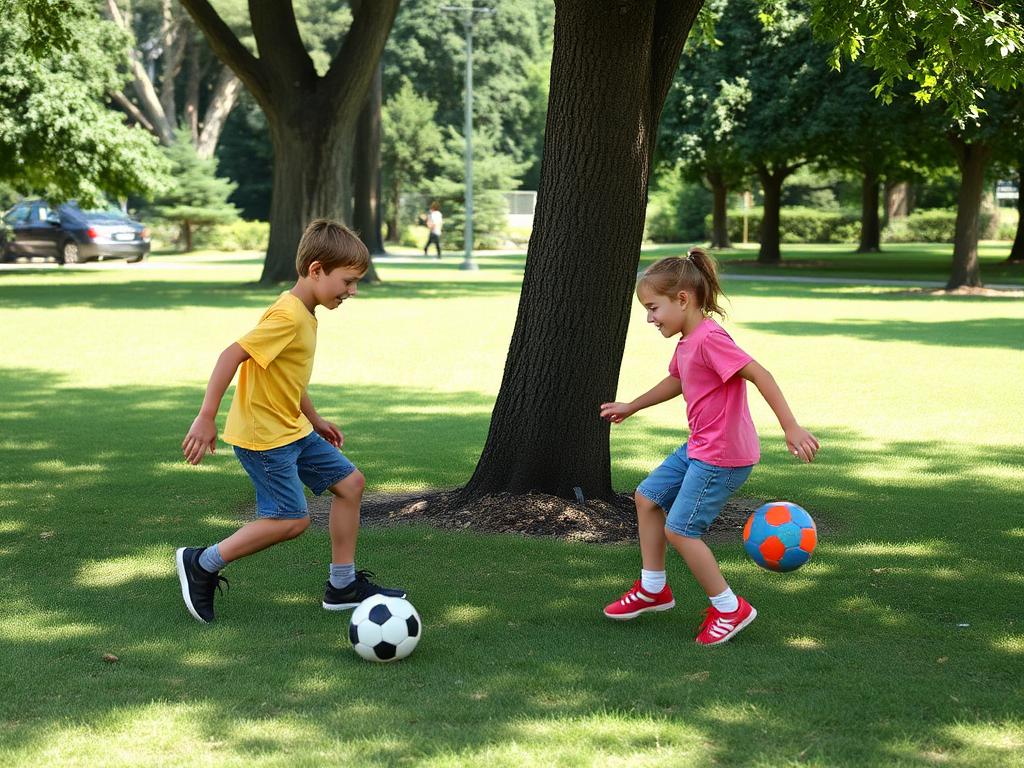 Two children playing one-on-one soccer in a park