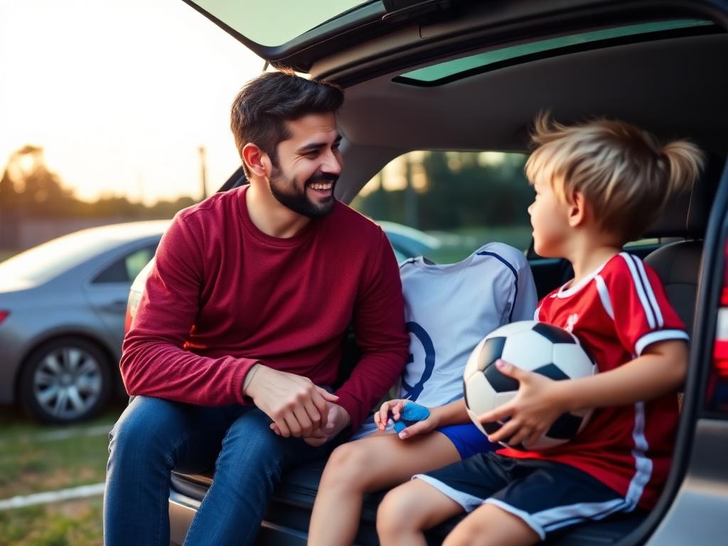 Parent and child talking happily after a soccer game