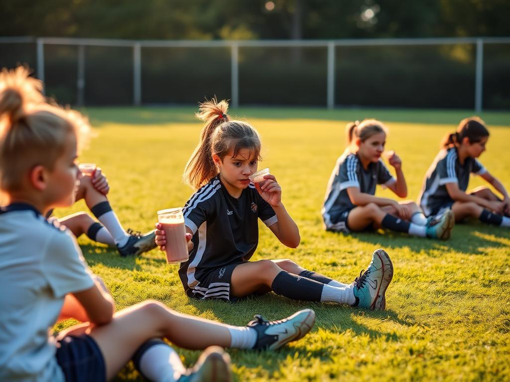 Young players stretching on the grass after a game with recovery drinks