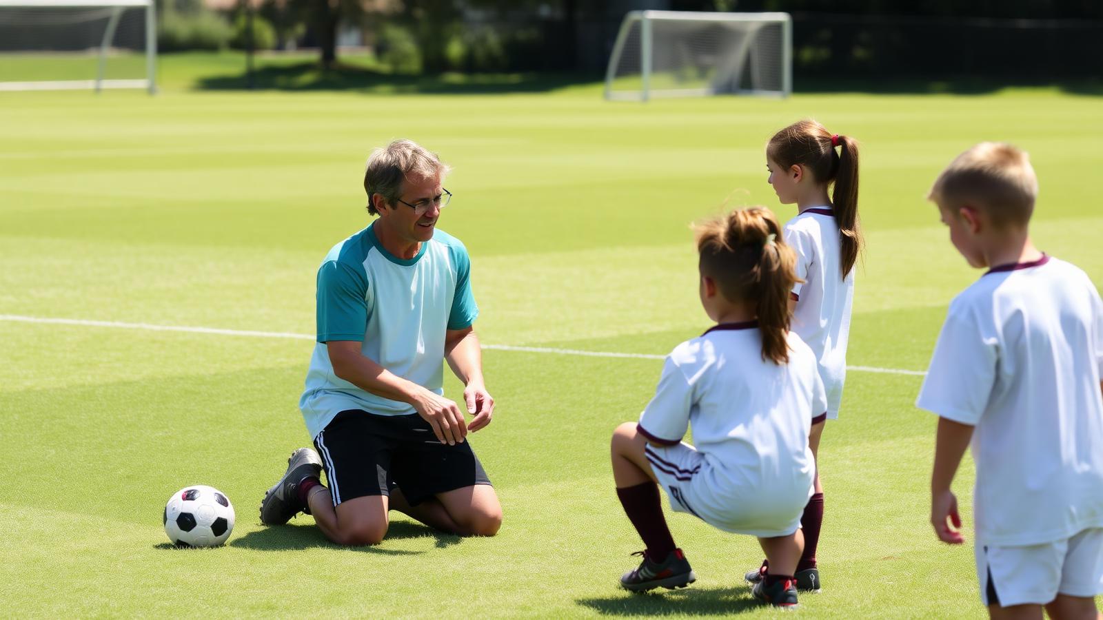 Coach speaking with young soccer players on the field
