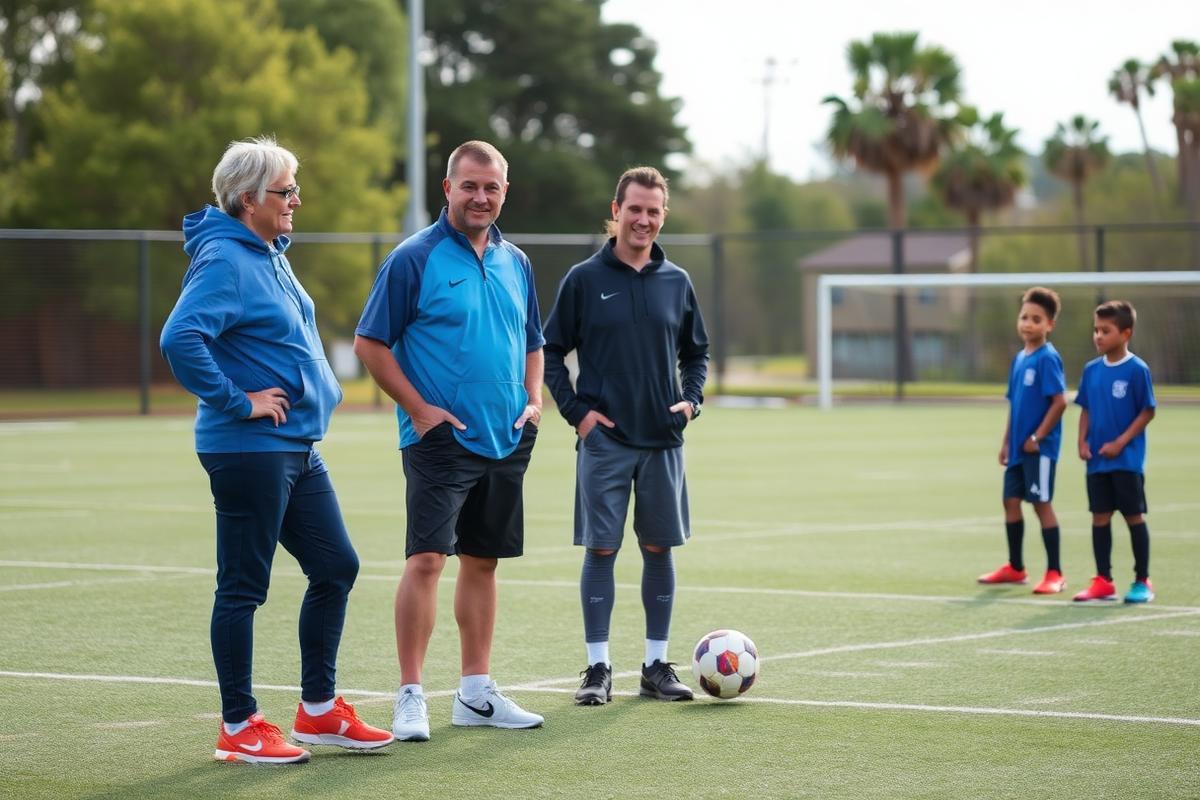 Two coaches supervising a youth soccer session together