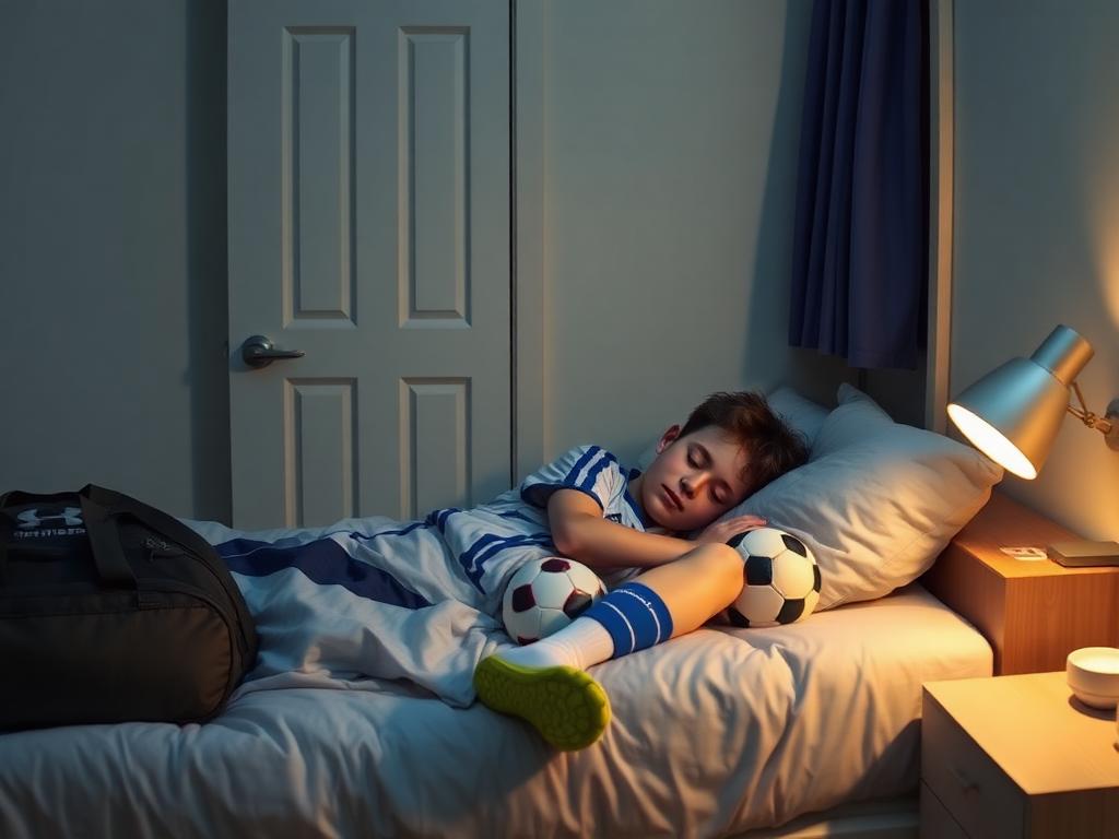 Young soccer player asleep with kit packed by the bedroom door