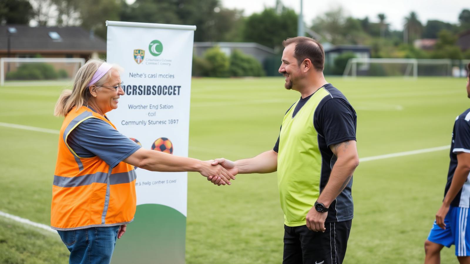 Local business owner shaking hands with a soccer coach at the field
