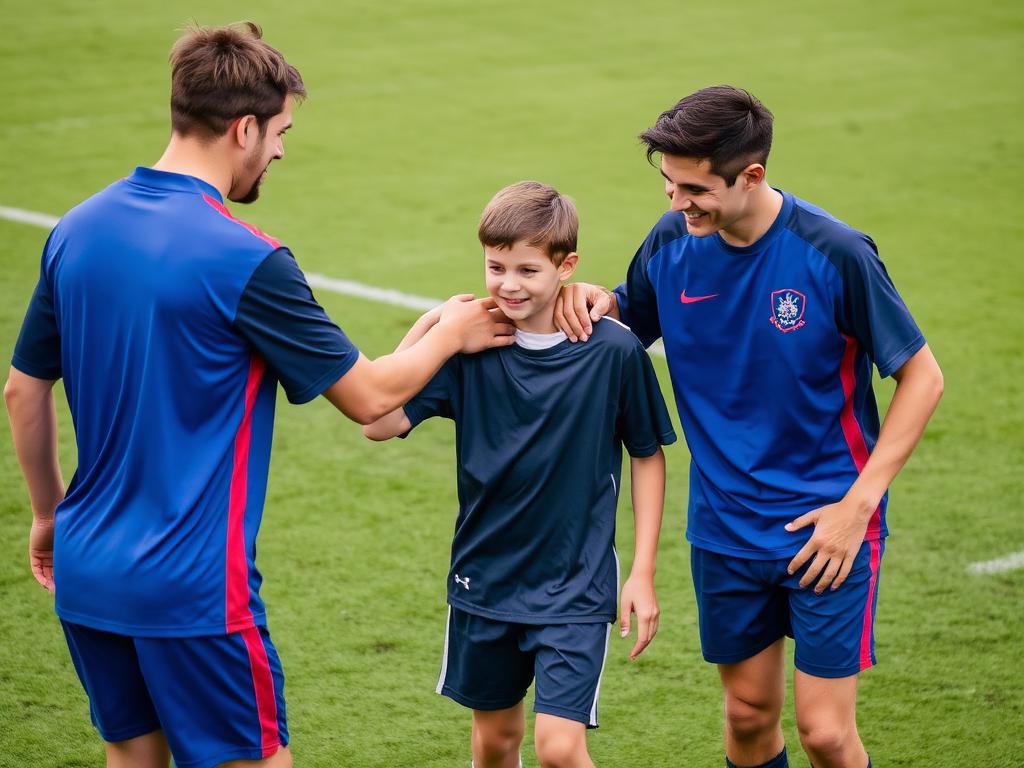 Teammates encouraging a young player on the pitch