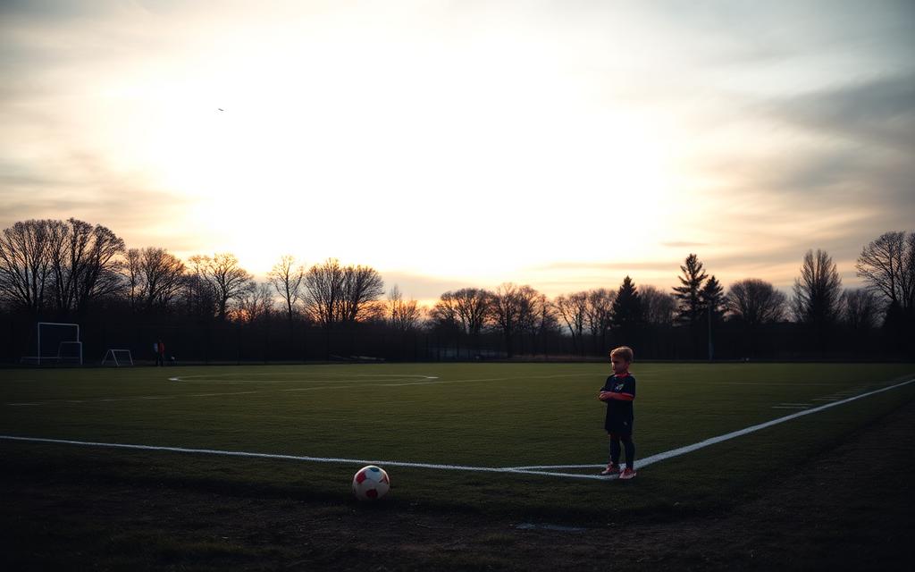 A lone young player waiting on an empty field at dusk