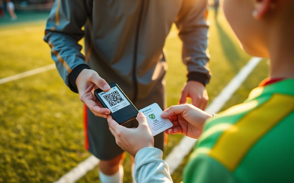 Coach scanning a player's QR card at the side of the pitch