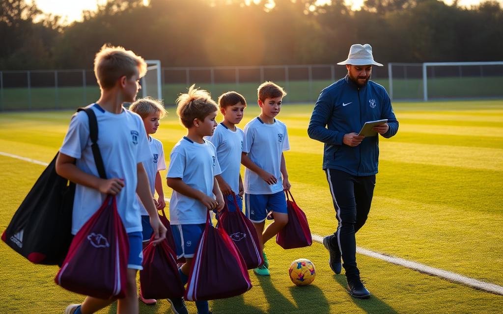 Players leaving the pitch as the coach checks them out on a tablet