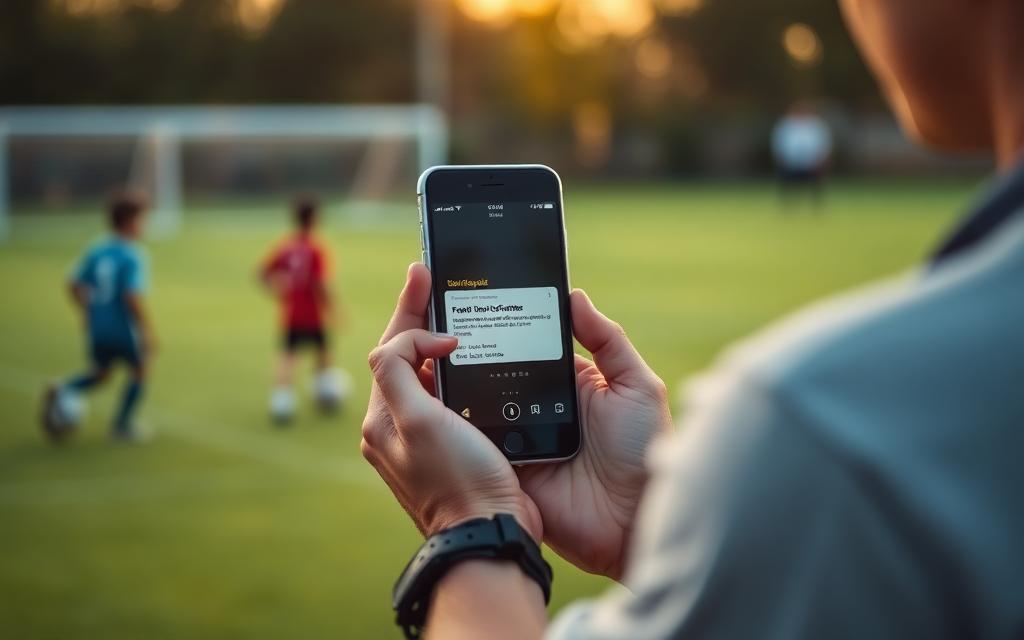 Parent reading an arrival notification on a phone beside the field