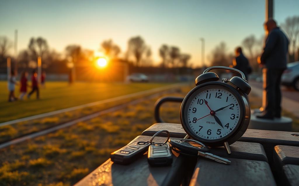 Clock and car keys on a bench beside a soccer field at pickup time