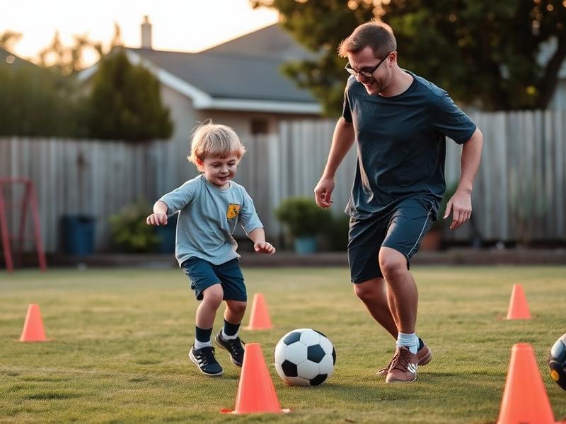 Parent and child dribbling a soccer ball through cones in the backyard