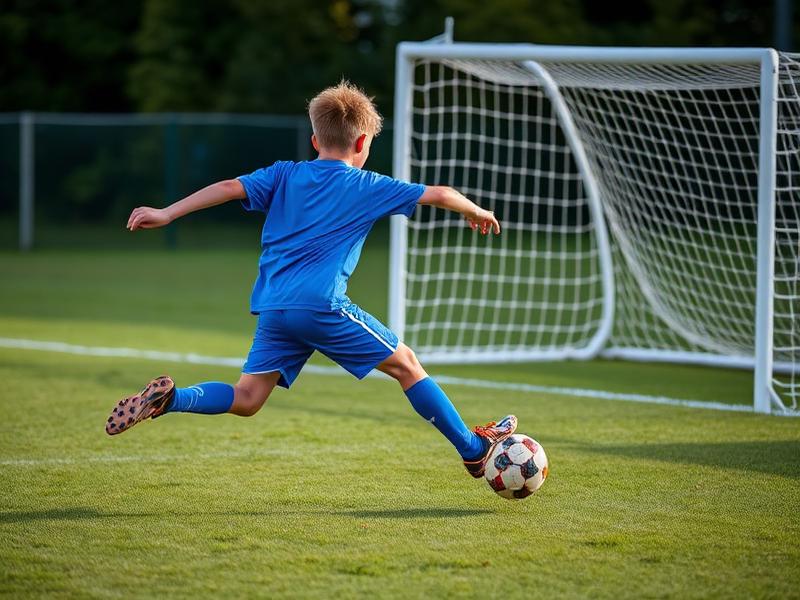 Youth player striking the ball at goal during a match