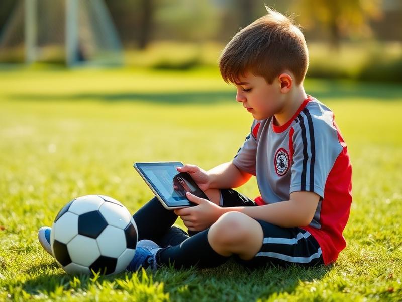 Young player watching a training video on a tablet beside a soccer ball