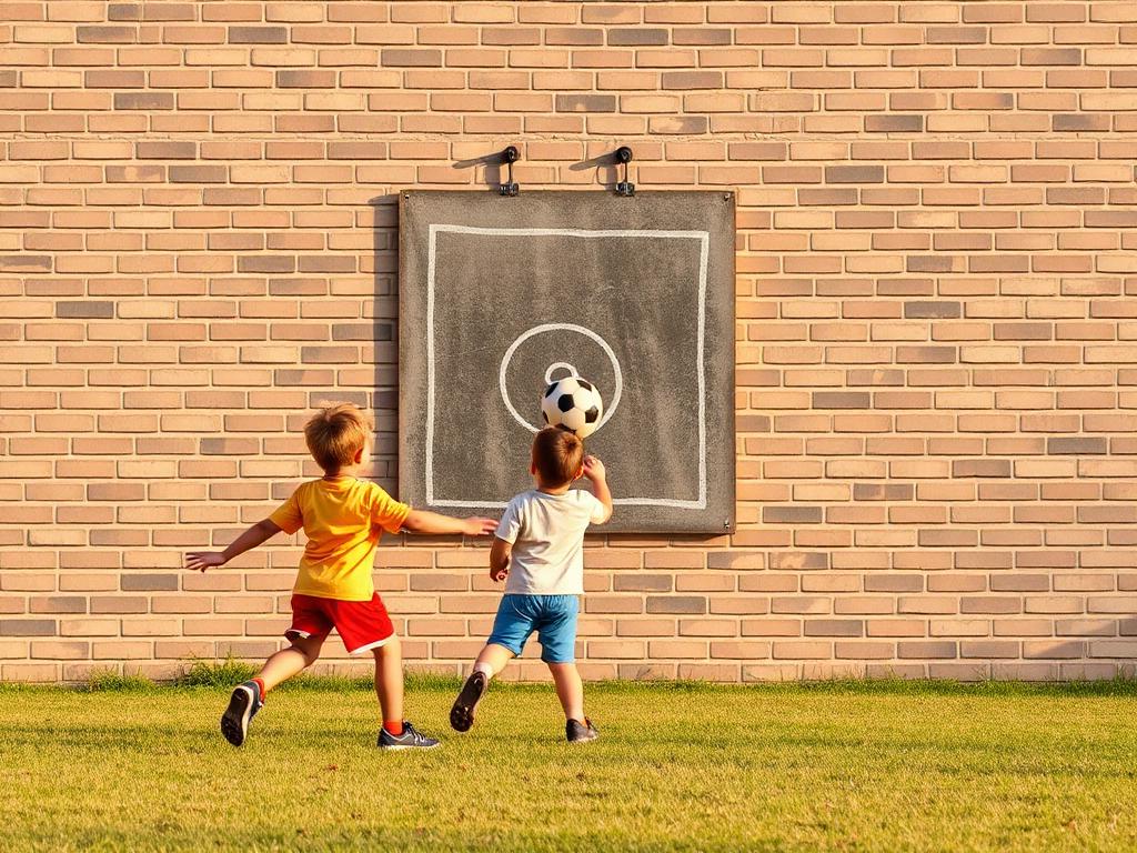 Children passing a soccer ball against a brick wall with a chalk target