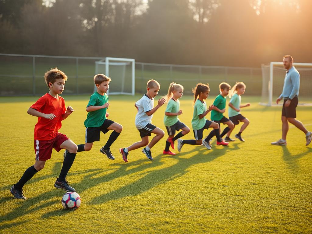 Youth soccer team performing a dynamic warm-up with high knees on a grass field